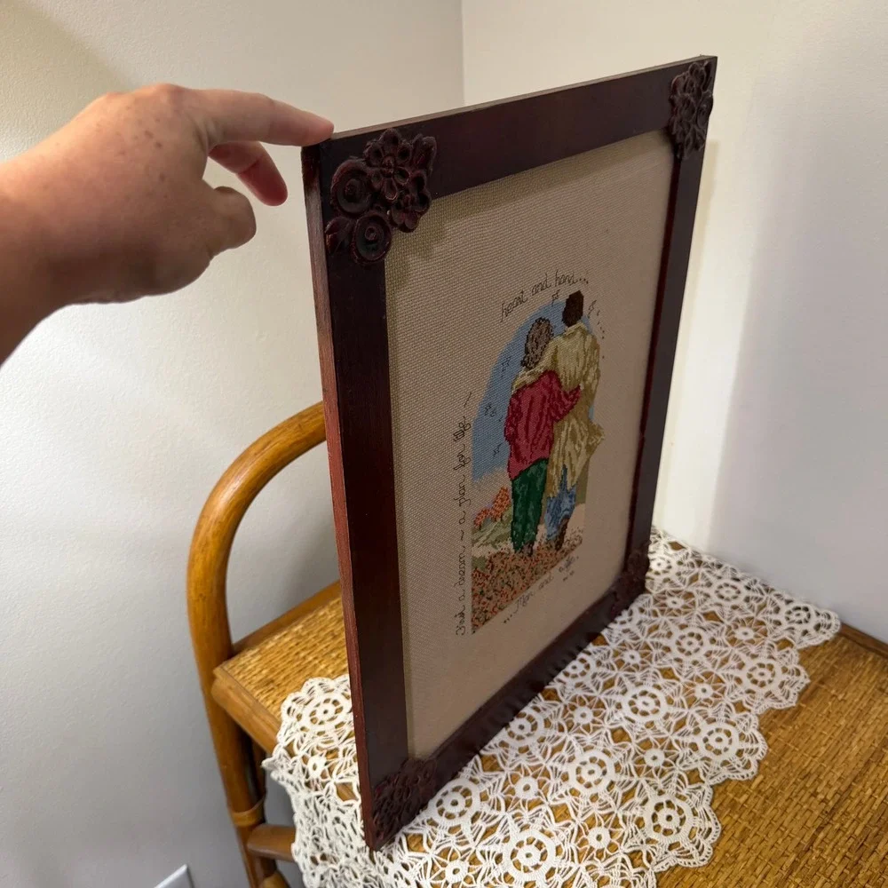 Vintage 1995 Framed Cross Stitch Wedding Sampler Heart & Hand Ornate Frame